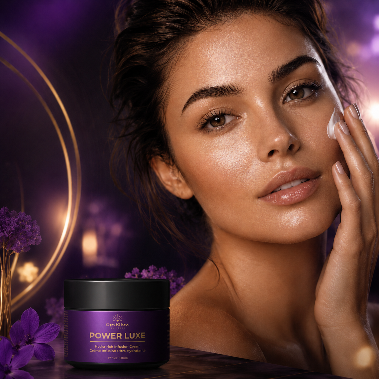 OptiGlow skincare model applying cream with Power Luxe cream jar