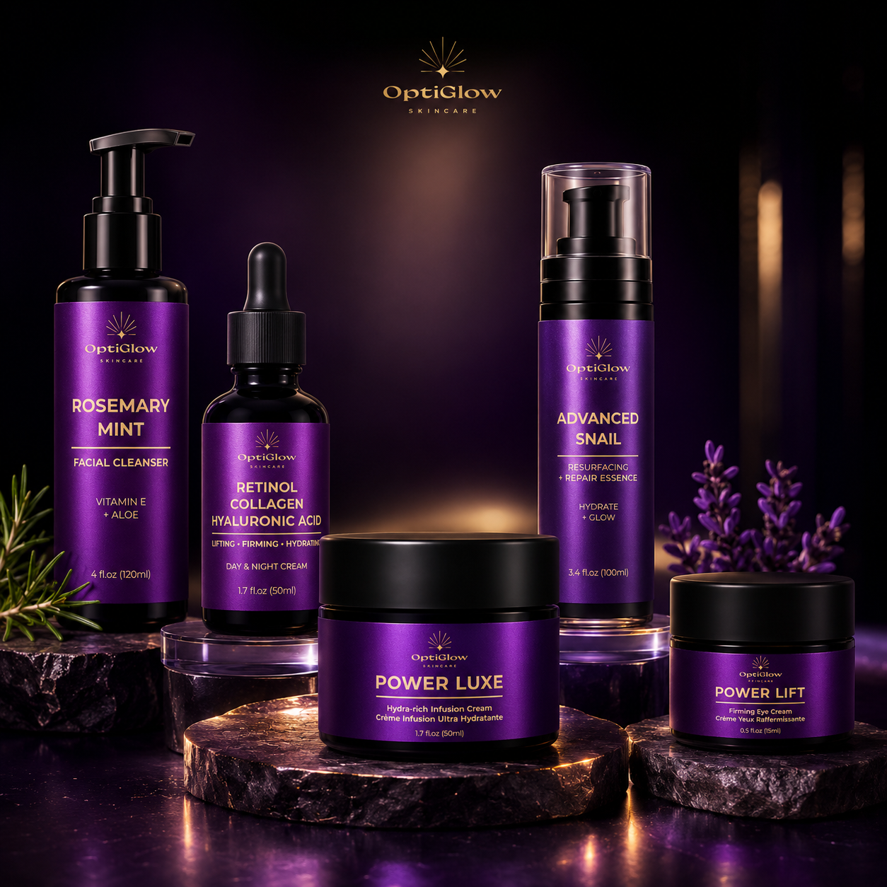 OptiGlow skincare product lineup